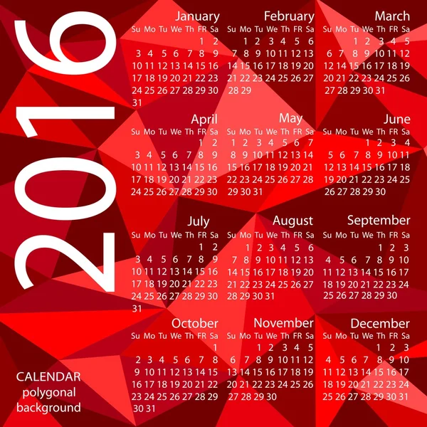 Vector calendar 2016. Week starts from Sunday. — Stock Vector