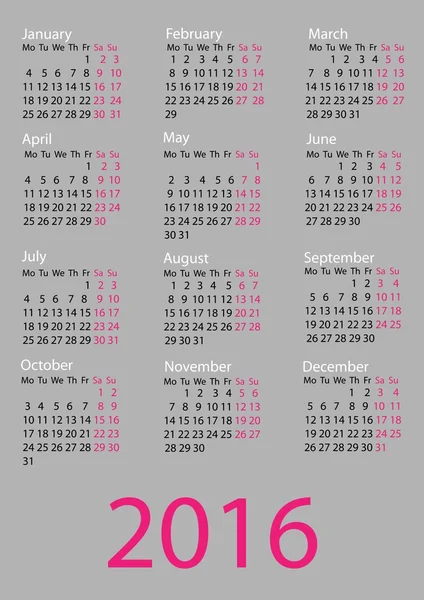 ベクトル カレンダー 2016 年。週は月曜日から開始します。. — ストックベクタ