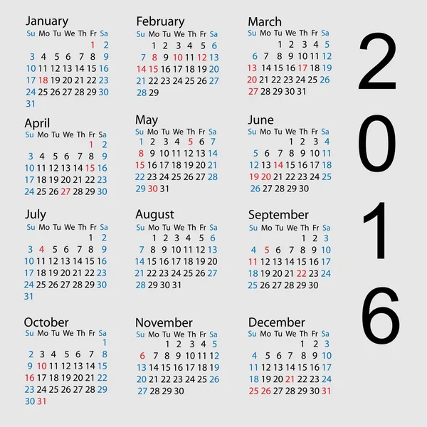 ベクトル カレンダー 2016 年。1 週間は日曜日から始まる. — ストックベクタ