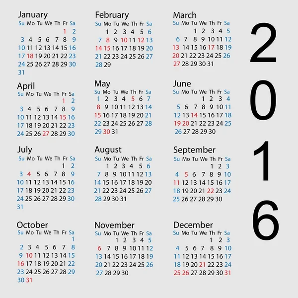 Calendario vectorial 2016. La semana comienza el domingo . — Vector de stock