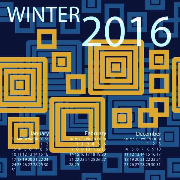 Vector winter calendar 2016. Week starts from Sunday. — Stock Vector