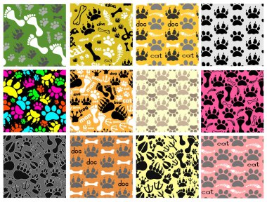 Set of patterns with footprints and bones clipart