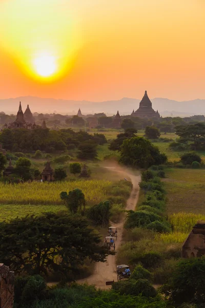 Carro de caballo y puesta del sol, Bagan en Myanmar (Burmar ) — Foto de Stock