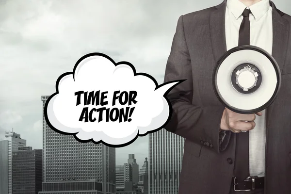 Time for action text on speech bubble with businessman and megaphone — Stock Photo, Image