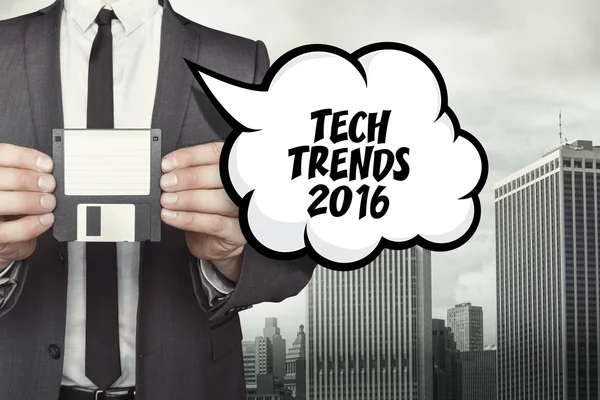 Tech trends 2016 text on speech bubble with businessman — Stock Photo, Image