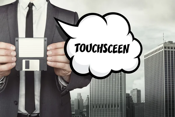 実業家と吹き出しの Touchsceen テキスト — ストック写真