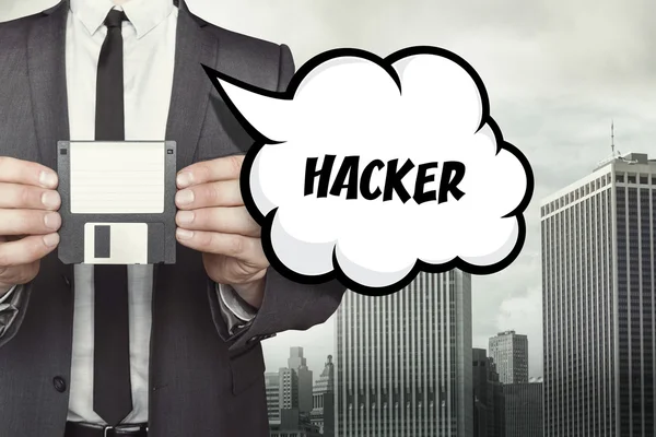 Texto de hacker em bolha de fala com empresário — Fotografia de Stock