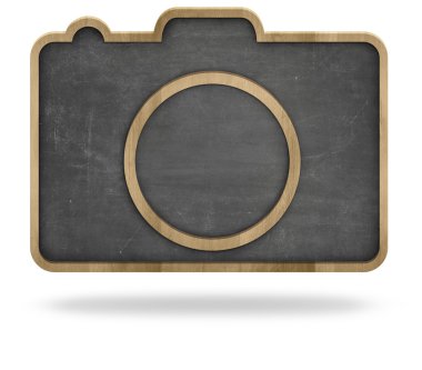 Siyah boş fotoğraf makinesi şekil blackboard ile ahşap çerçeve