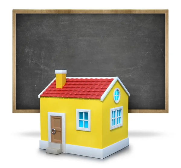 Black blank blackboard with wooden frame and 3d house — Stock Photo, Image