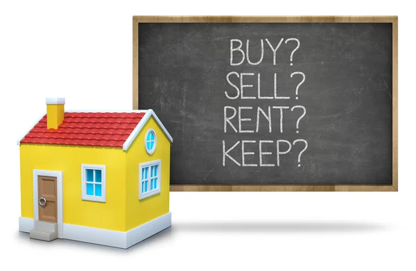 Buy vs rent vs sell vs keep on Blackboard with 3d house — Stock Photo, Image