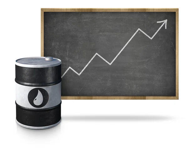 Цена на нефть поднимается на доске с баррелем — стоковое фото