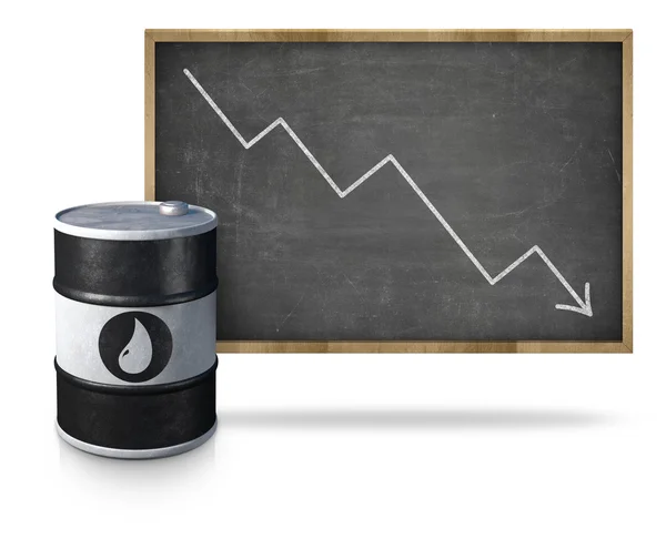 Olie prijs rubriek neer op blackboard met olie vat — Stockfoto