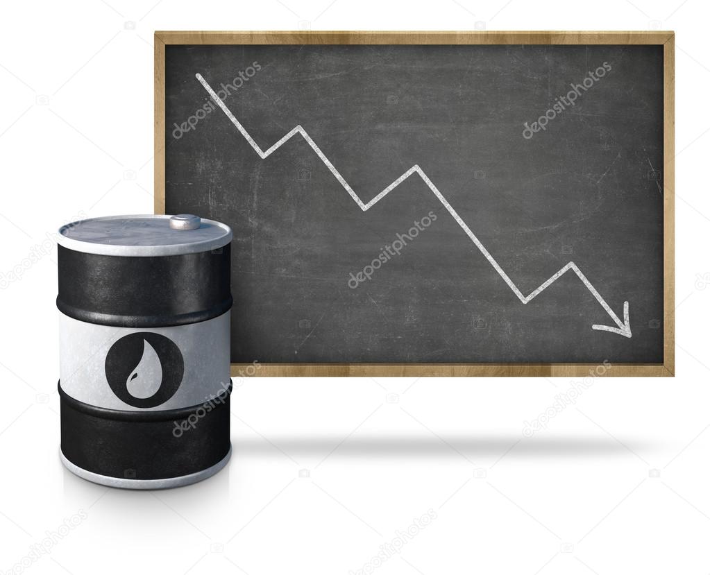 Oil price heading down on blackboard with oil barrel