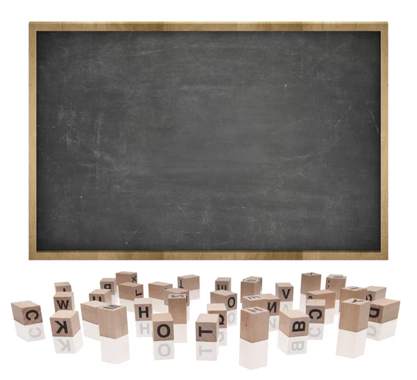 Black blank blackboard with wooden frame and block letters — Stock Photo, Image