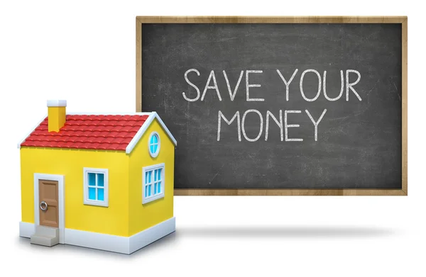 Save your money text on blackboard with 3d house — Stock Photo, Image