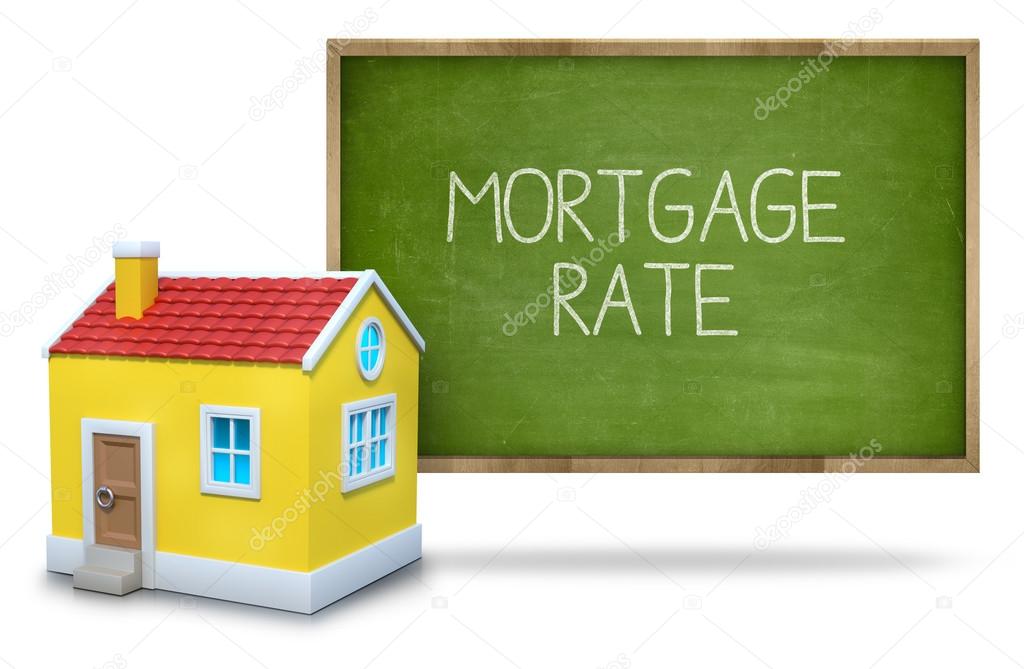 Mortgage rate text on blackboard with 3d house