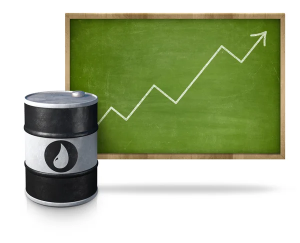 Цена на нефть поднимается на доске с баррелем — стоковое фото