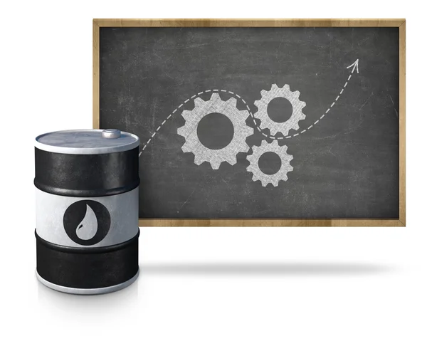 Oil barrel with gear icons on blackboard with wooden frame — Stock Photo, Image