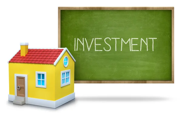 Investeringar text på tavlan med 3d hus — Stockfoto