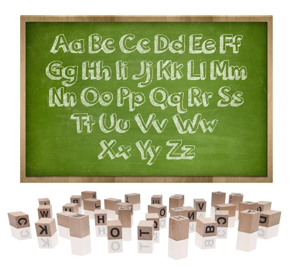 Alphabetekonzept auf Tafel mit Holzrahmen und Blockbuchstaben — Stockfoto