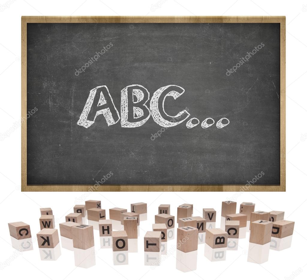ABC concept on blackboard with wooden frame and block letters