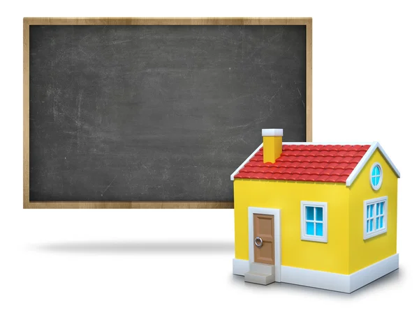 Blackboard em branco preto com moldura de madeira e casa 3d — Fotografia de Stock