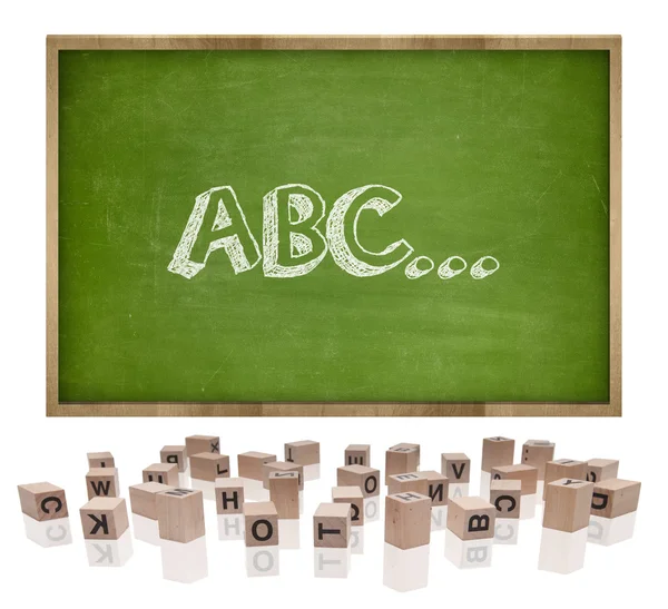 Conceito ABC em quadro negro com moldura de madeira e letras de bloco — Fotografia de Stock
