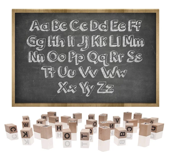 Alphabets concept sur tableau noir avec cadre en bois et lettres moulées — Photo
