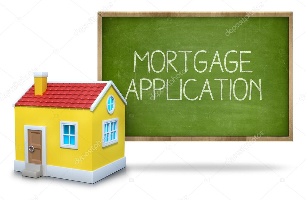 Mortgage application text on blackboard with 3d house