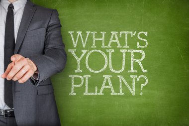 Whats your plan on blackboard with businessman clipart