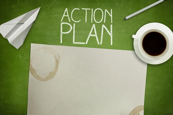 Action plan concept on green blackboard with empty paper sheet — Stock Photo, Image