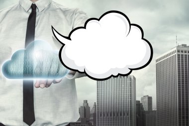 Blank speech bubble on cloud computing theme with businessman clipart