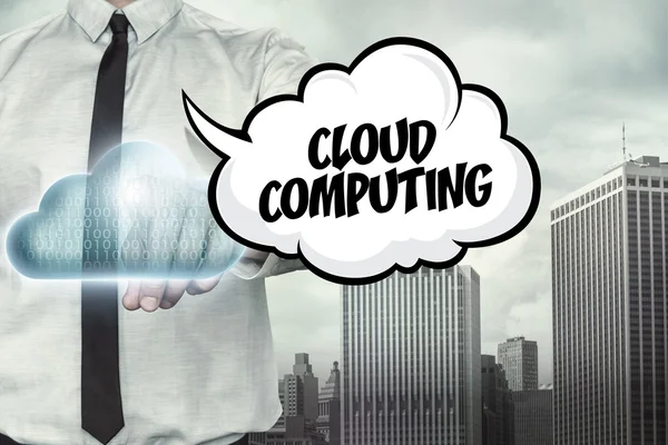 Cloud computing texte sur le thème du cloud computing avec l'homme d'affaires — Photo