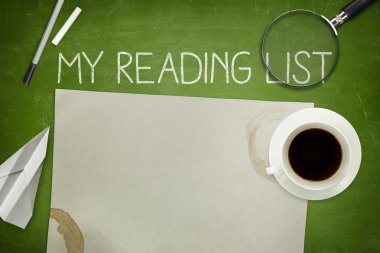 My reading list concept on green blackboard with empty paper sheet clipart