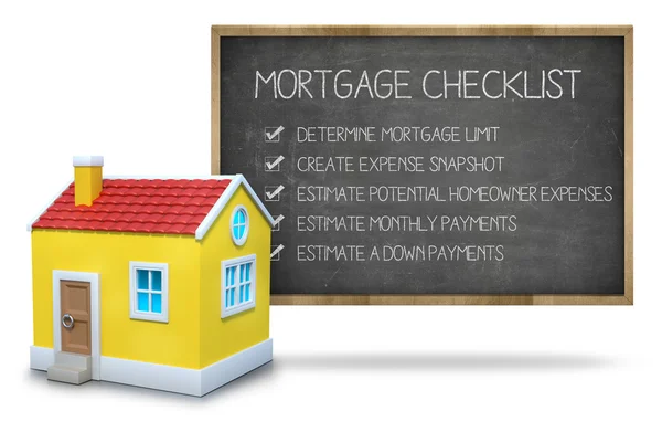 Conceito de lista de verificação de hipoteca no quadro negro com casa 3d — Fotografia de Stock