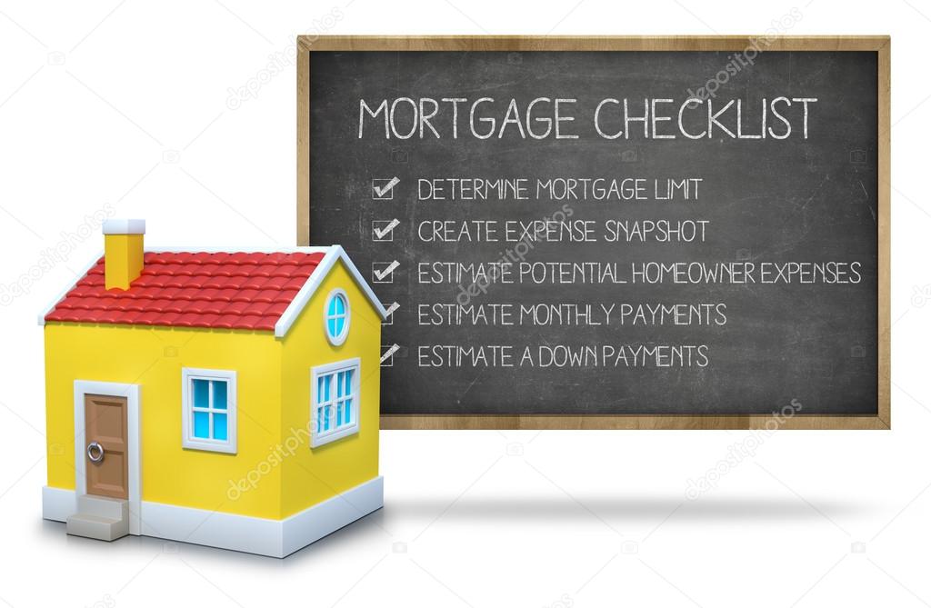 Mortgage checklist concept on blackboard with 3d house