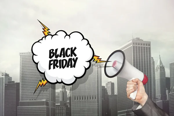 Siyah Cuma metin konuşma balonu ve işadamı elinde megafon holding