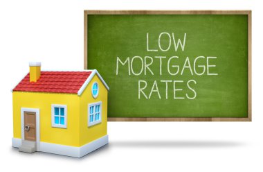 Düşük mortgage oranları metin 3d ev tahta üzerinde