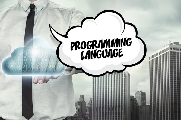Programming language text on cloud computing theme with businessman