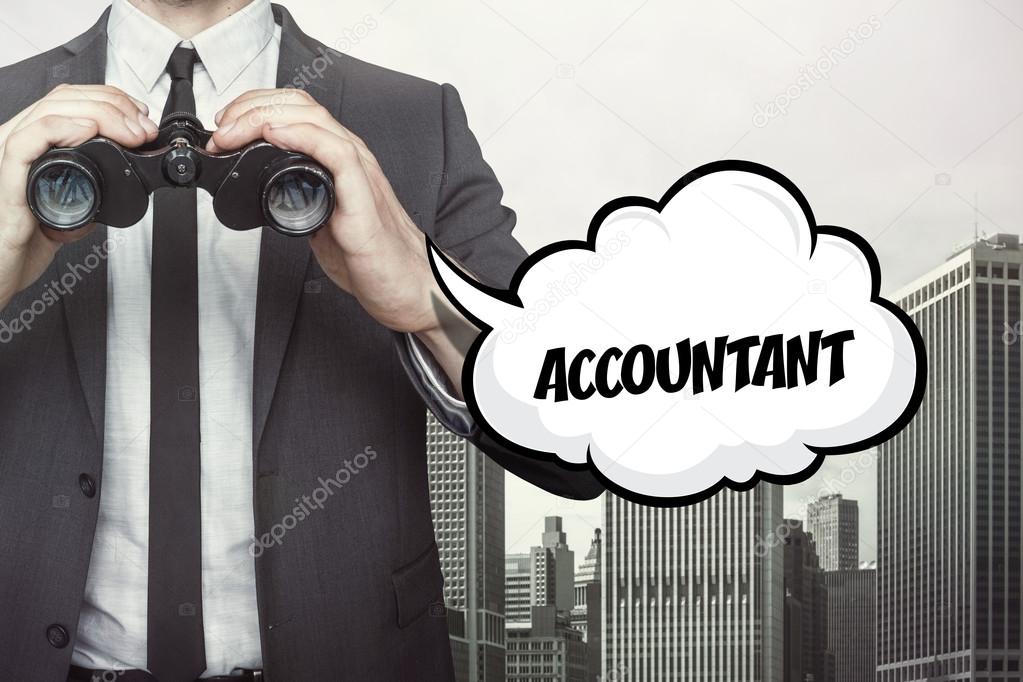 Accountant text on speech bubble with businessman holding binoculars