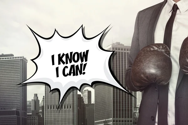 I know I can text on speech bubble with businessman wearing boxing gloves — Stock Photo, Image