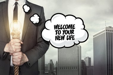 Welcome to your new life text on speech bubble