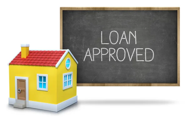Loan approved text on blackboard with 3d house — Stock Photo, Image