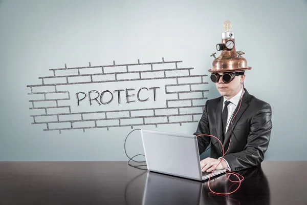 Protect concept with vintage businessman and laptop — Stock Photo, Image