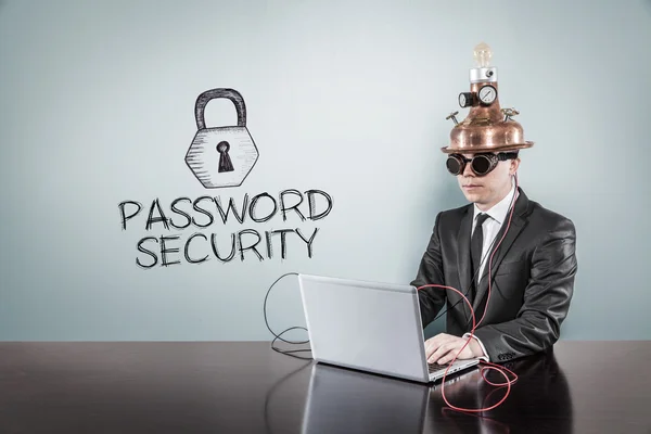 Концепция безопасности пароля с винтажным бизнесменом и ноутбуком — стоковое фото