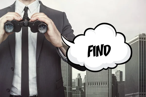 Find text on speech bubble with businessman holding binoculars — Stock Photo, Image