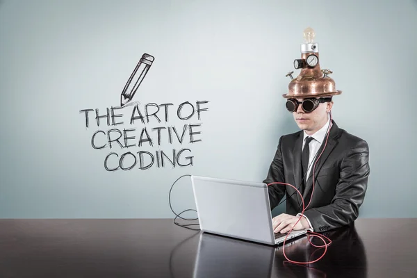 The art of creative coding concept with vintage businessman and laptop — Stock Photo, Image