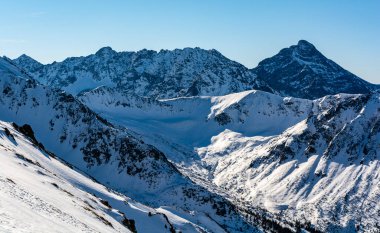 Görkemli Krivan (Krywan) zirvesi ve Hrube tepesi (Gran Hrubego) kış manzarası. Tatra Dağları.