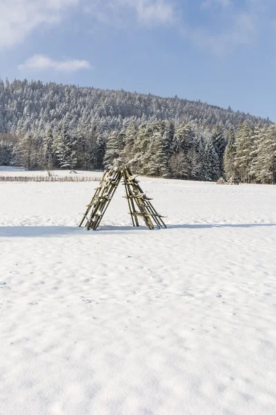 Deponie Heufeld (Stand) auf einer schneebedeckten Wiese wartet auf Heuernte — Stockfoto