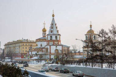 Rusya, Irkutsk - 21 Şubat 2021: Irkutsk 'taki Epifani Katedrali (1718 Yıllık Vakıf)